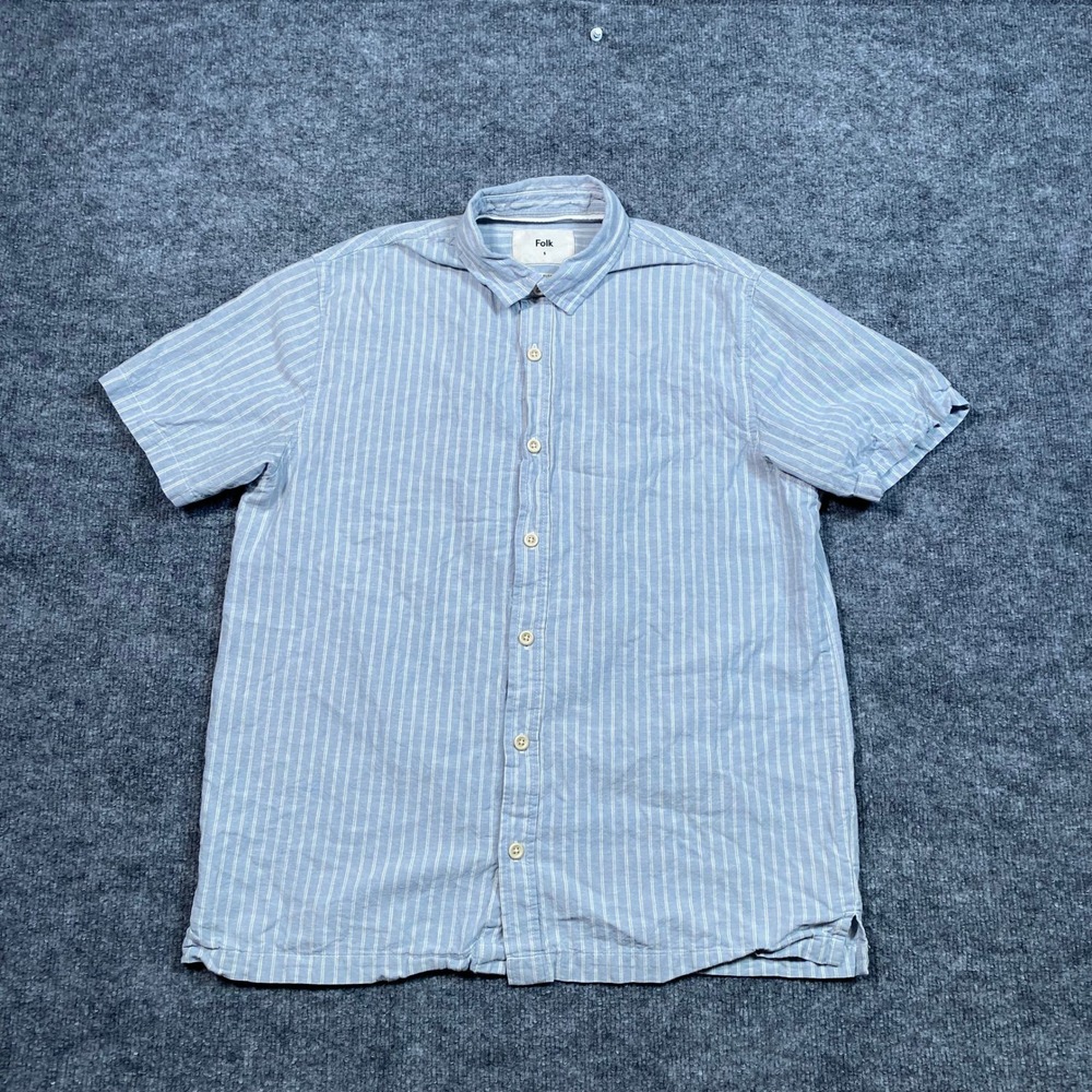 Folk Mens Light Blue White Striped Linen Blend Short Sleeve Button Down Shirt S
